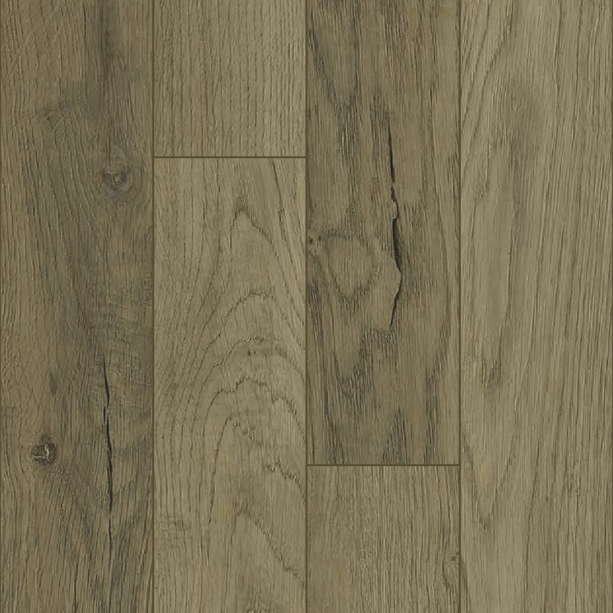 Напольное покрытие под дуб в тёмном серо-коричневом оттенке с контрастными сучками и выраженным древесным рисунком